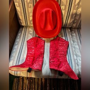 Costume red felt hat and red fringe cowboy boot shoe covers